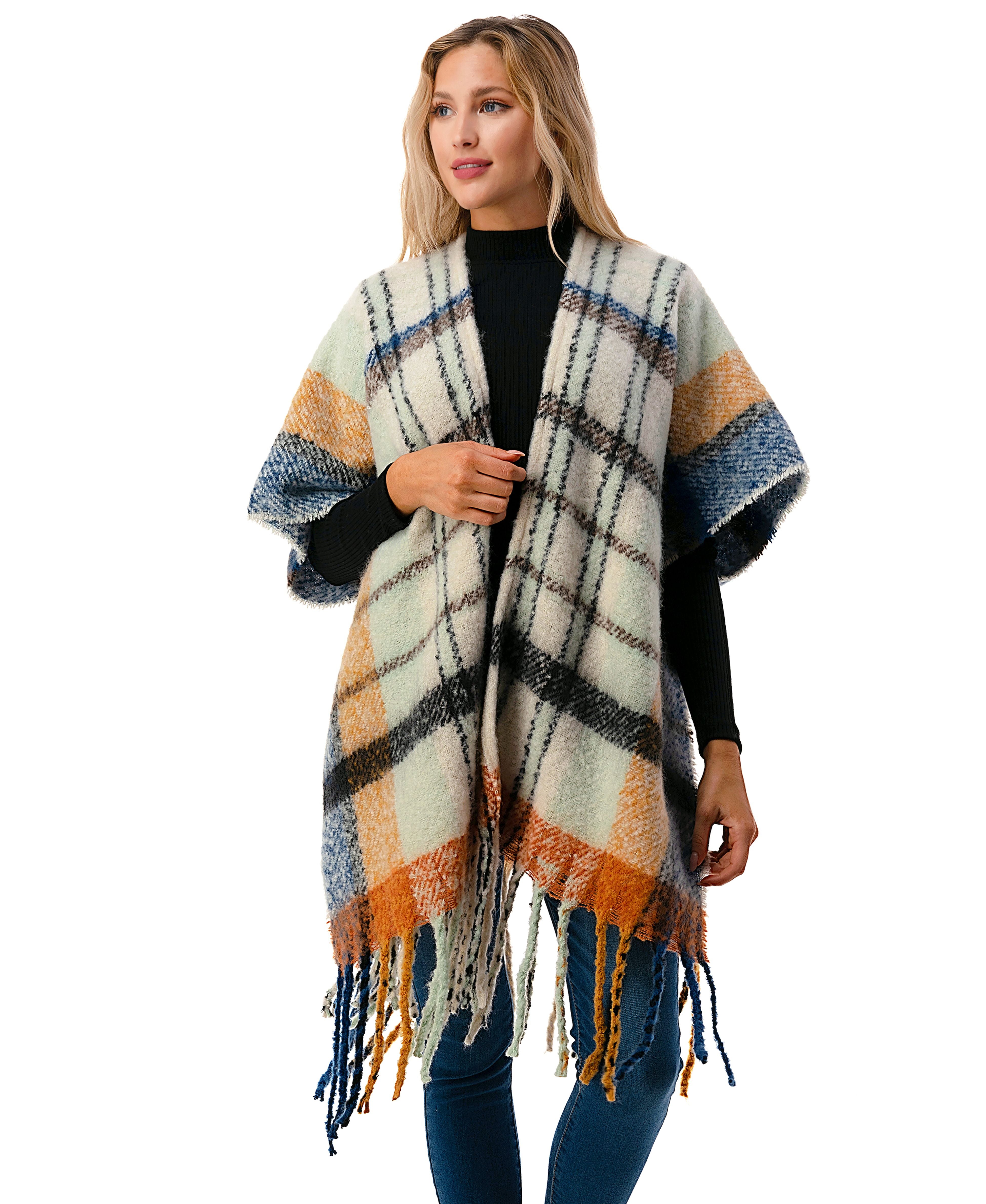  Plaid Fringe Topper 1 - Ivory - Bonton