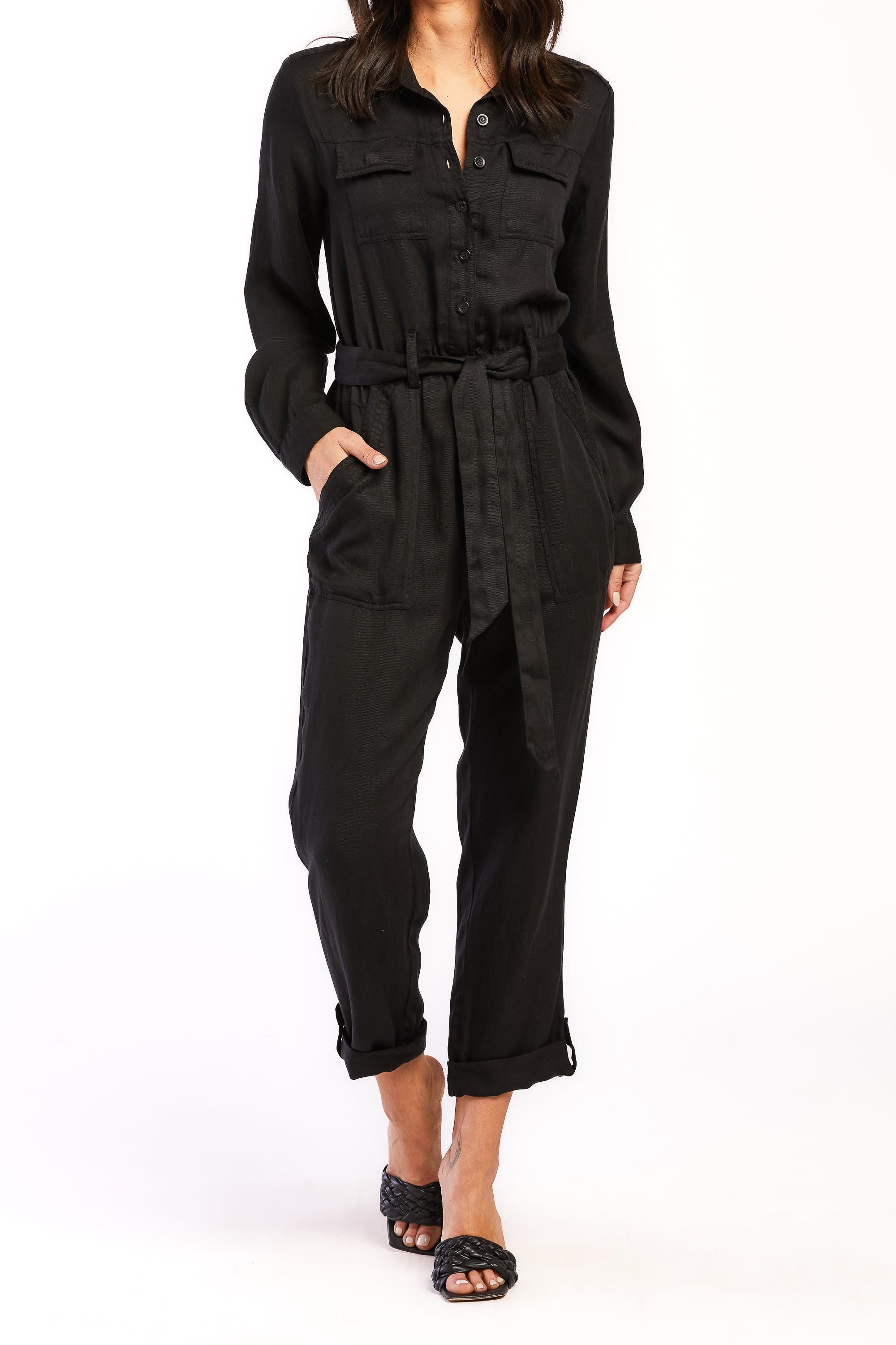  Frenzia Long Sleeve Utility Style Jumpsuit Button Down Tab Cuff Hem Self Belt - Black - Bonton