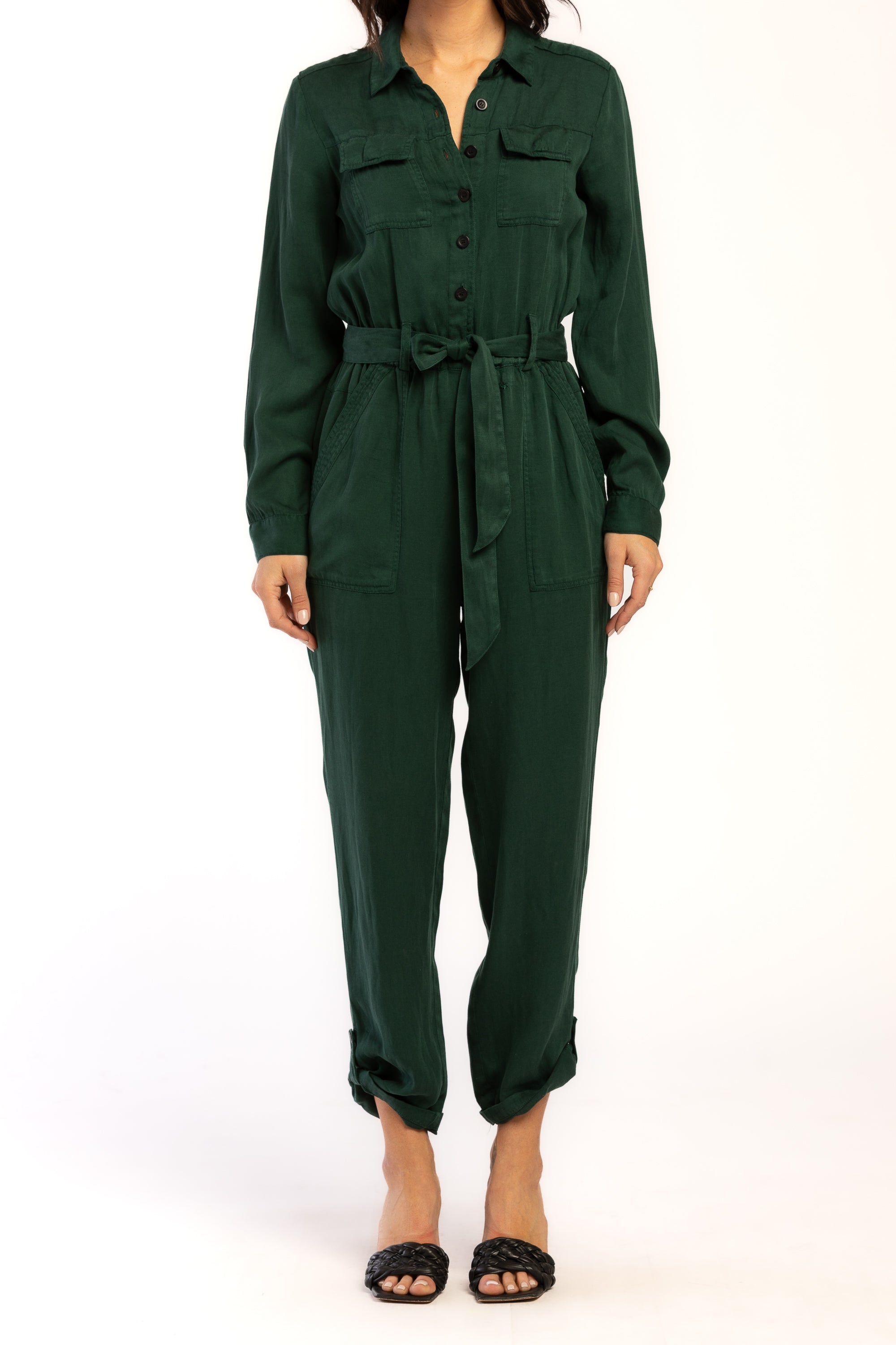  Frenzia Long Sleeve Utility Style Jumpsuit Button Down Tab Cuff Hem Self Belt - Forest - Bonton