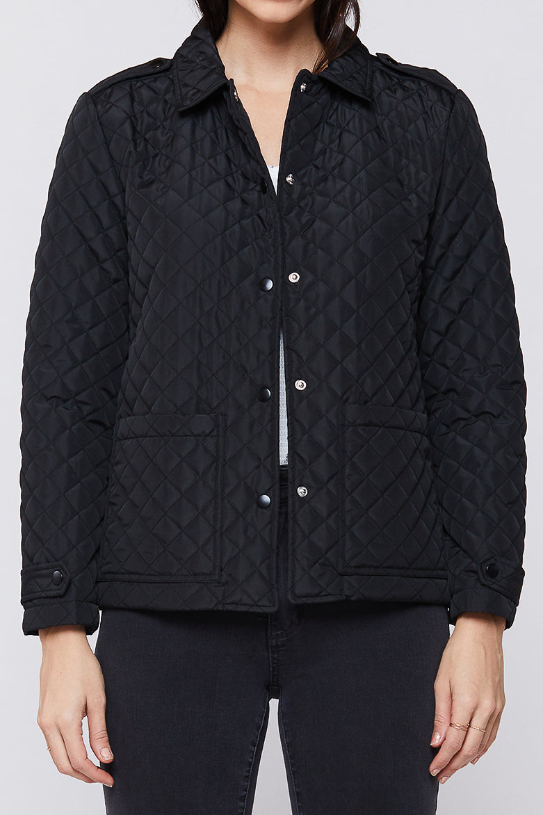  Rae Long Sleeve Snap Button Down Quilted Jacket - Black - Bonton