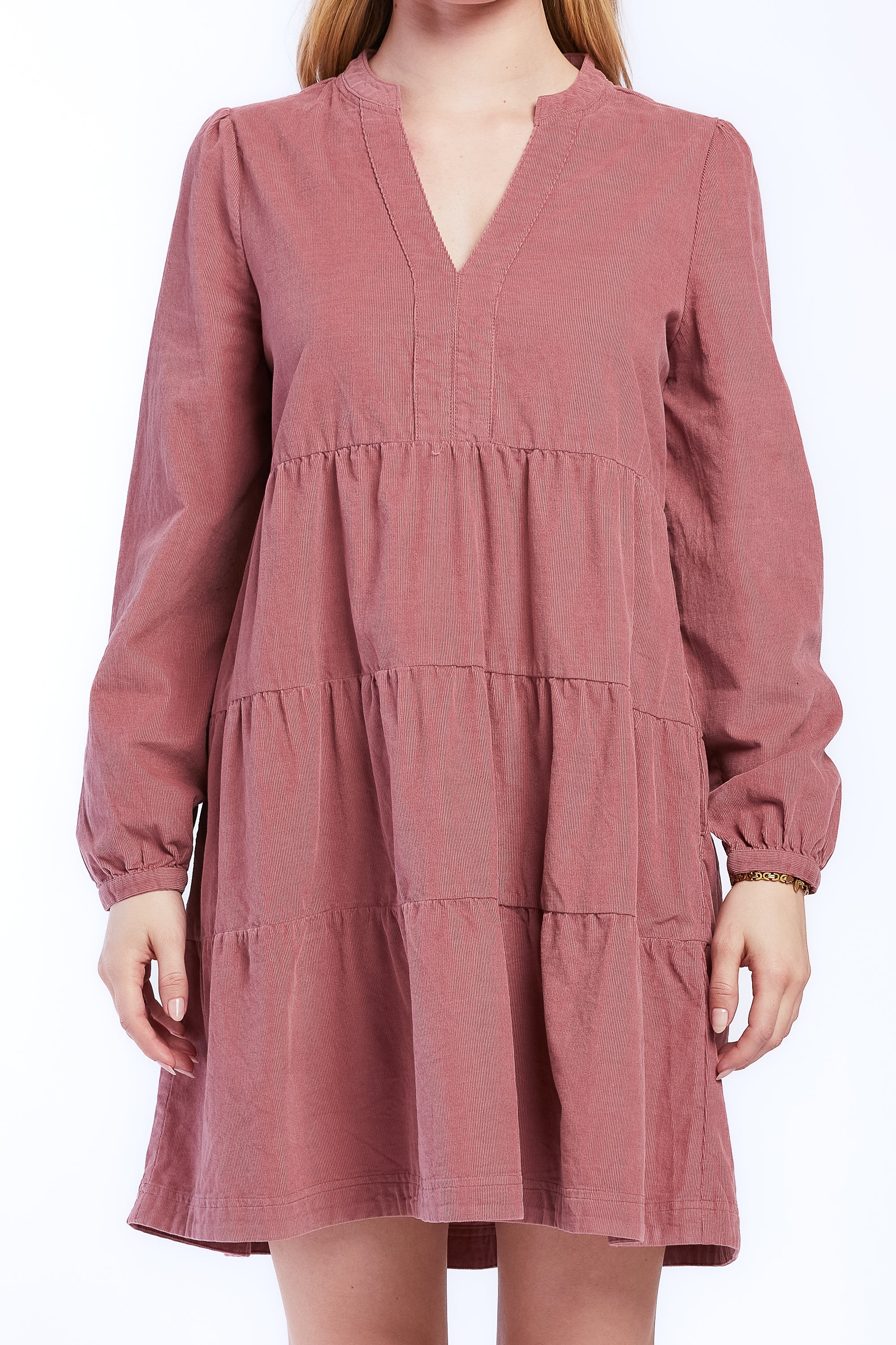  Sherin Long Sleeve With Slight Shoulder Shirring V Neck Banded Collar Three Tier Baby Doll Dress Side Seam Pockets - Desert Mauve - Bonton