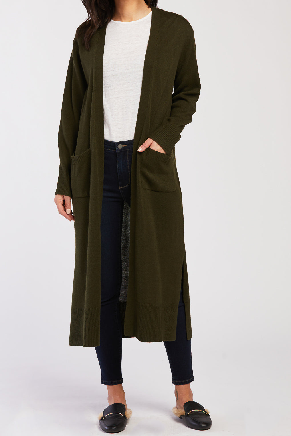  Long Sleeve Long Knit Duster Front Pockets - Pine - Bonton