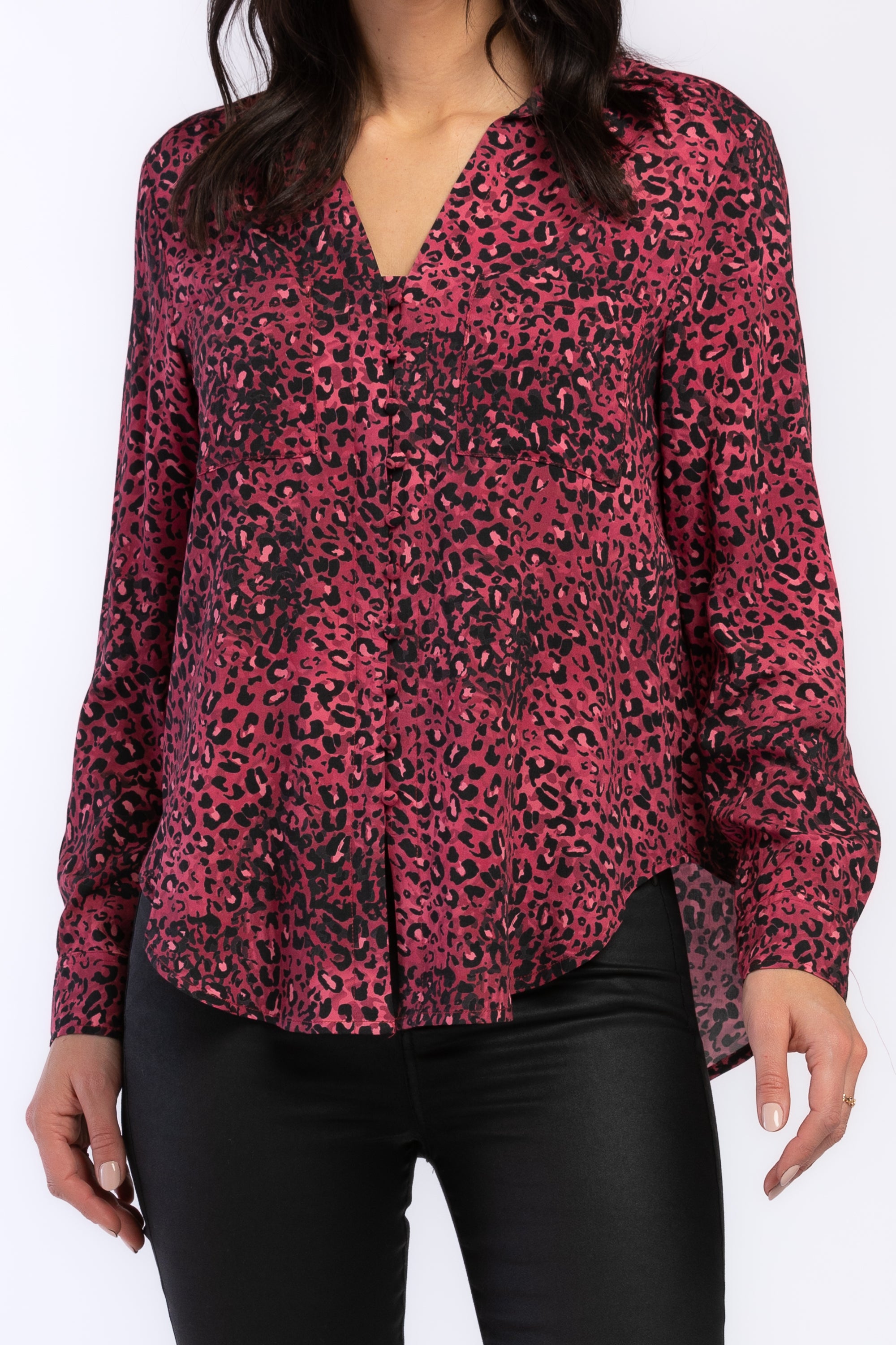  Eleni Long Sleeve Loop Button Down Closure Chest Patch Pockets Rounded Hem - Burgundy Leopard - Bonton