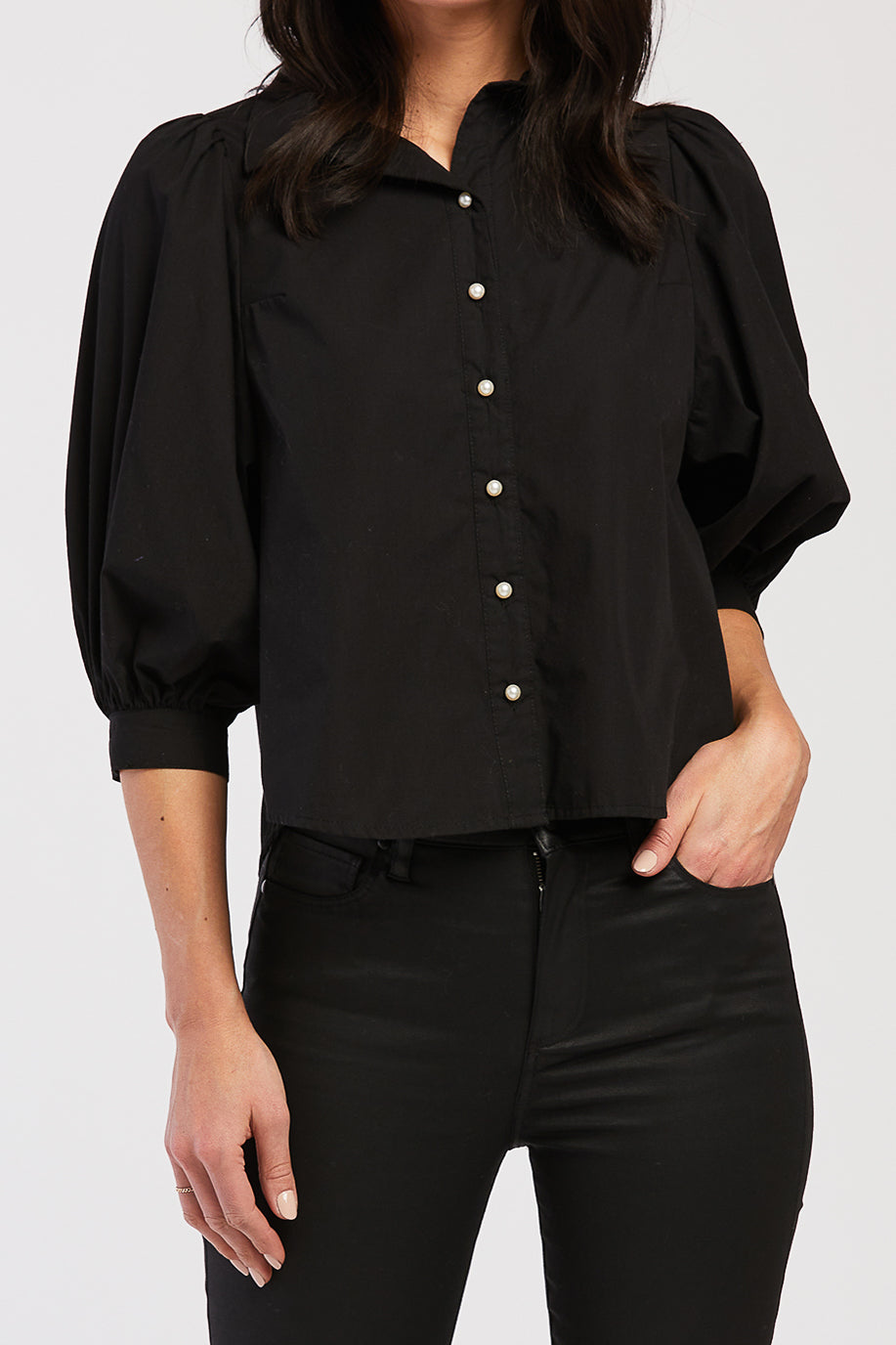  Teegan 3/4 Puff Sleeve Pearl Button Down Top Shirred Shoulder Top - Black - Bonton