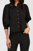  Teegan 3/4 Puff Sleeve Pearl Button Down Top Shirred Shoulder Top - Black - Bonton