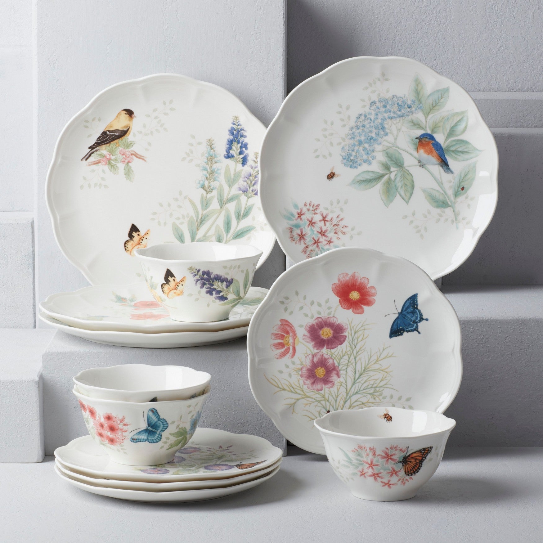  Lenox Butterfly Meadow Flutter 12-Piece Dinnerware Set - White - Bonton