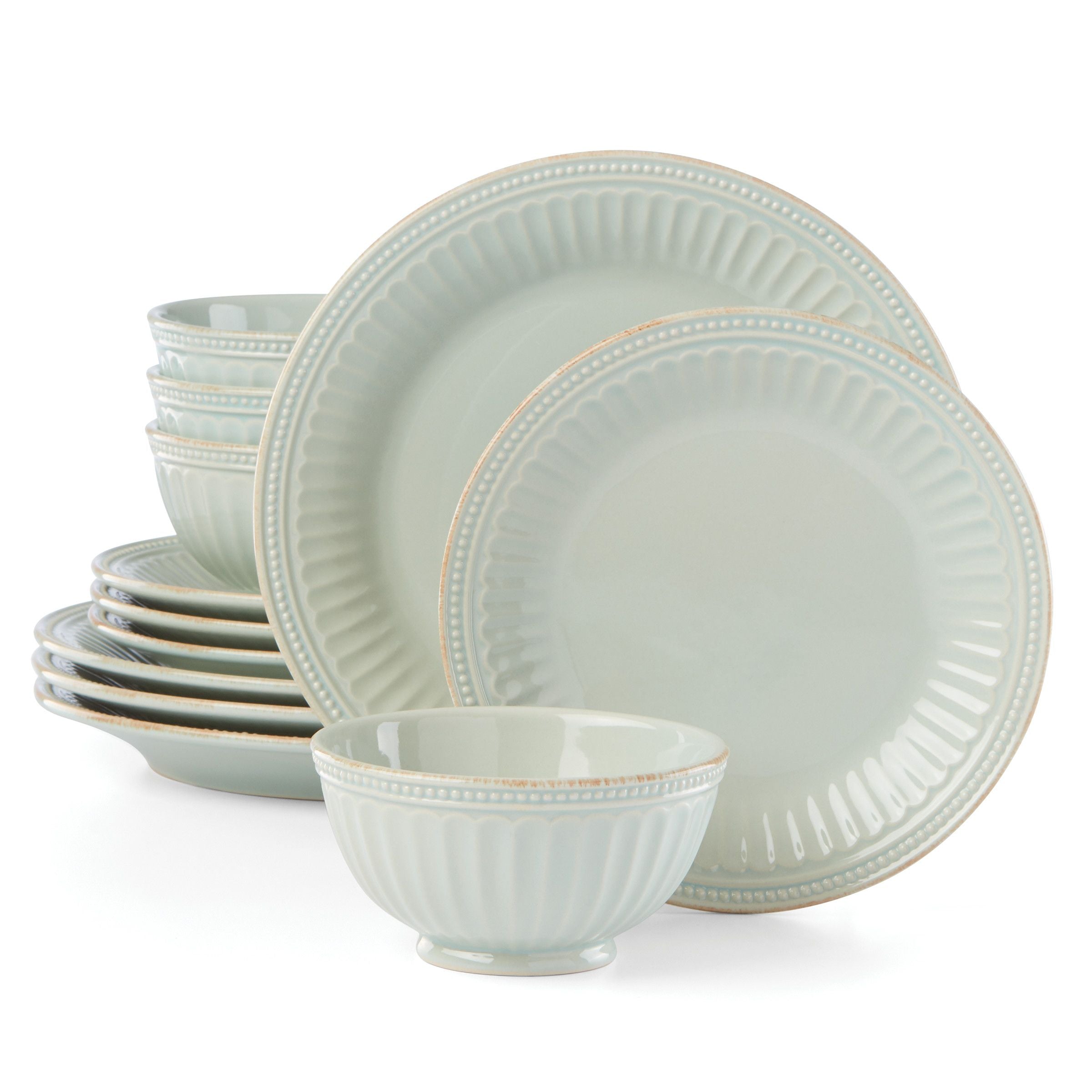  Lenox French Perle Groove 12-Piece Dinnerware Set - Ice Blue - Bonton