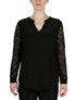  Kasper Split Neck Top W/Combo Lace Sleeve - Black - Bonton