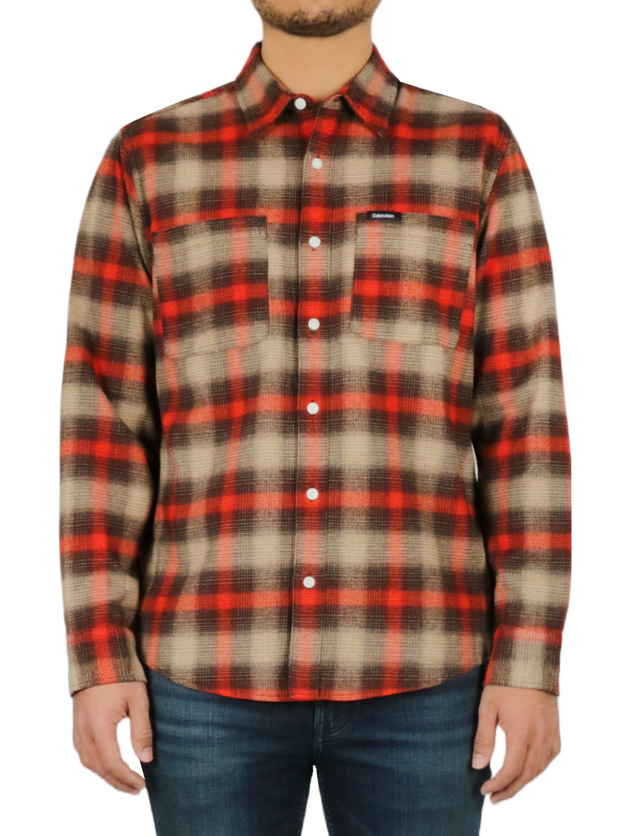  Calvin Klein Long Sleeves Linear Ombre Flannel Shirt - Travertine - Bonton