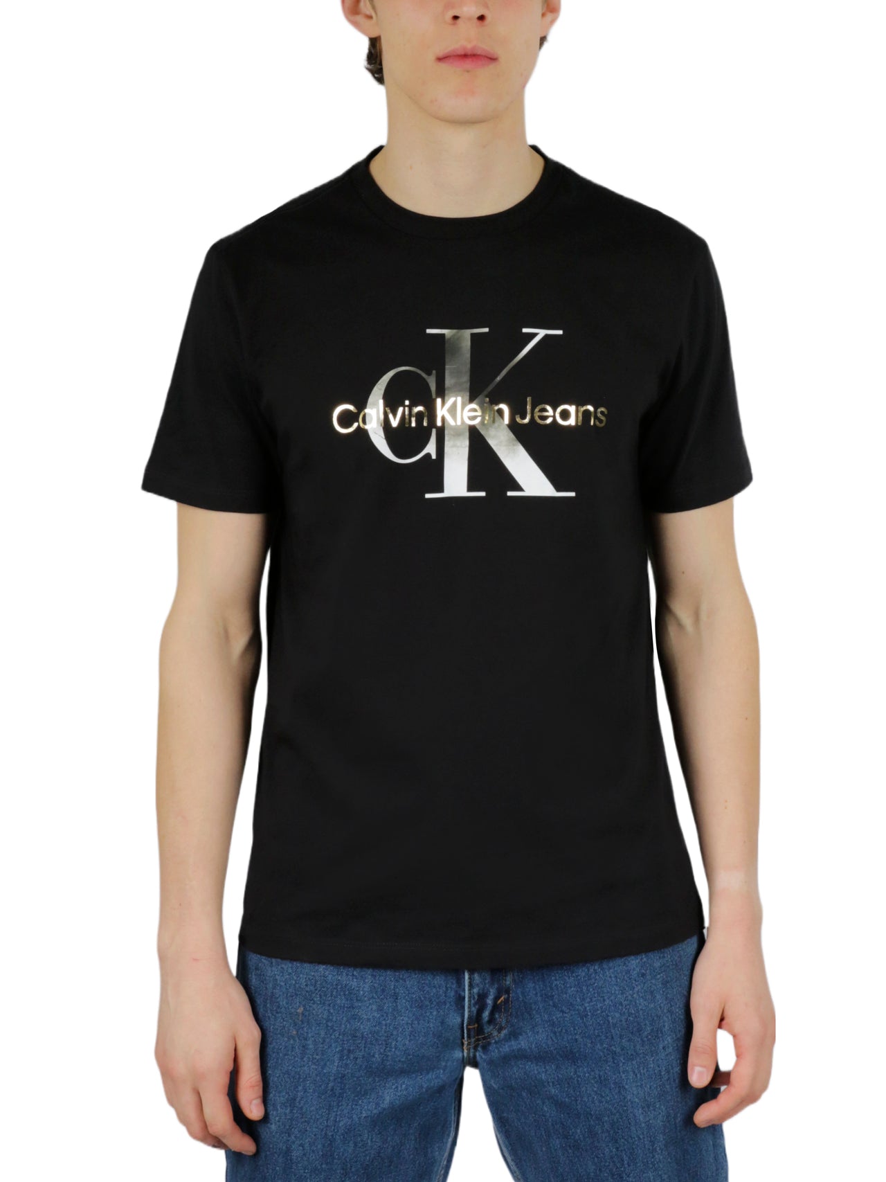  Calvin Klein Short Sleeves Gold/Silver Metallic Monogram Tee - Black Beauty - Bonton