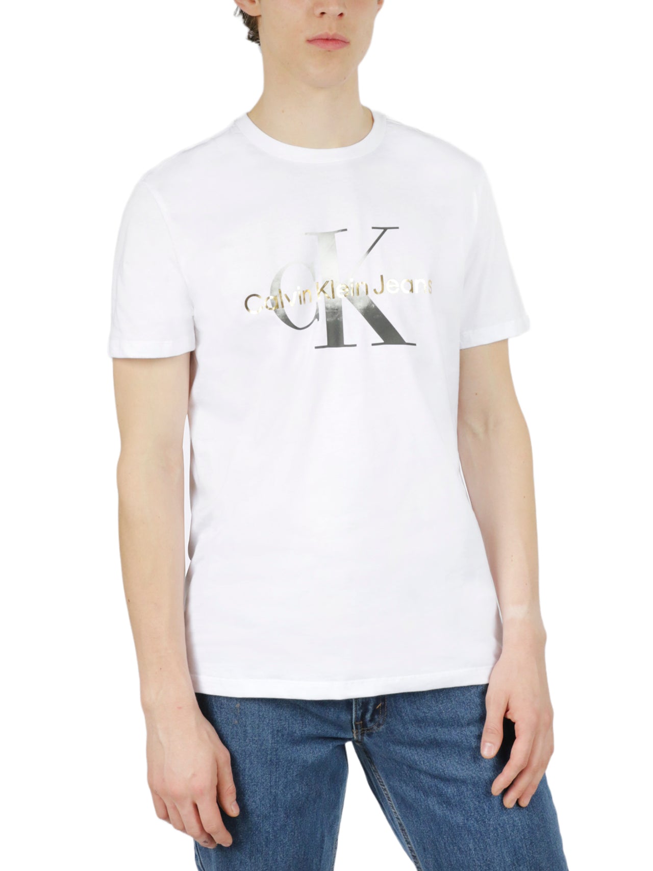  Calvin Klein Short Sleeves Gold/Silver Metallic Monogram Tee - Brilliant White - Bonton