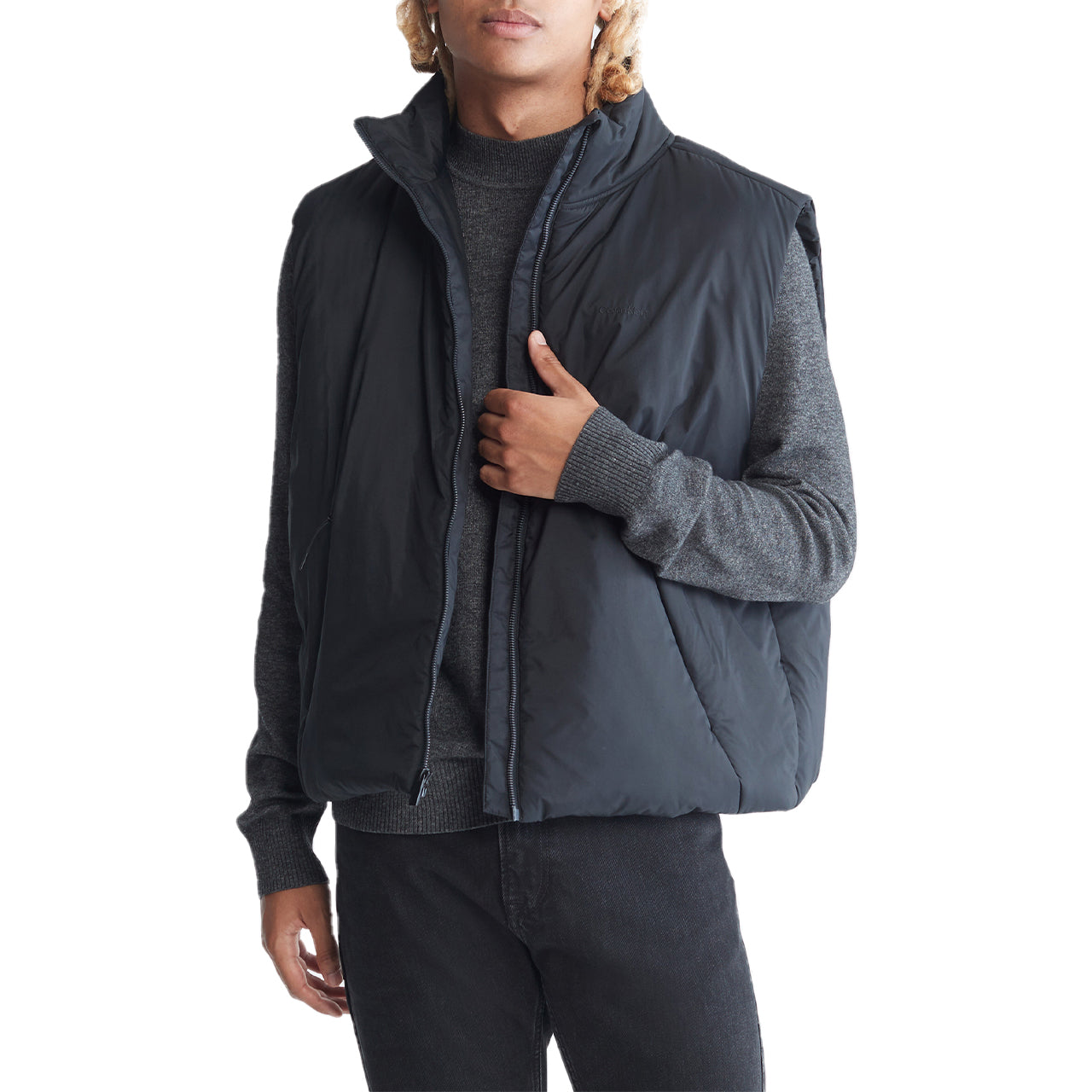  Calvin Klein Front Zipper Zip Pocket Puffer Vest - Black Beauty - Bonton