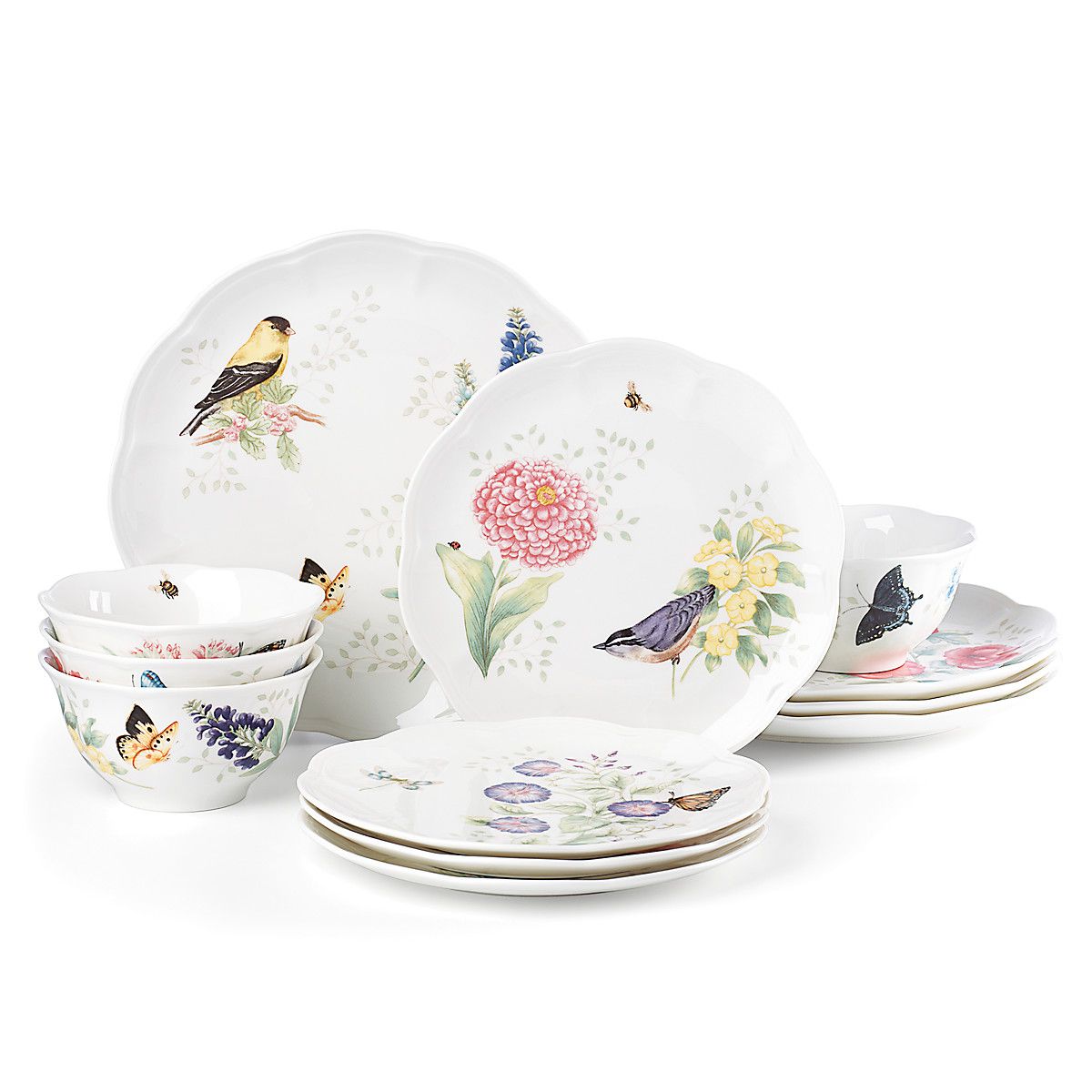  Lenox Butterfly Meadow Flutter 12-Piece Dinnerware Set - White - Bonton