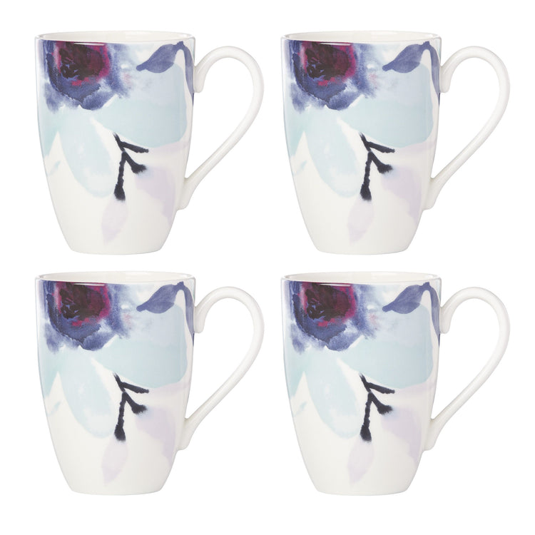 Indigo Watercolor Floral Mugs Set of 4