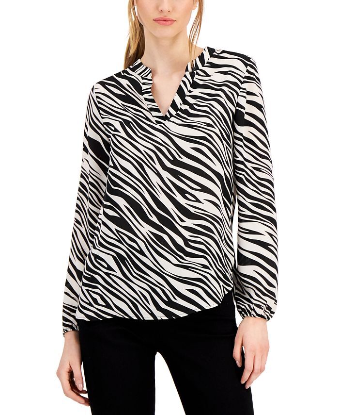  Anne Klein Split Neck Blouse with Elastic Cuff - Anne Black/Anne White - Bonton