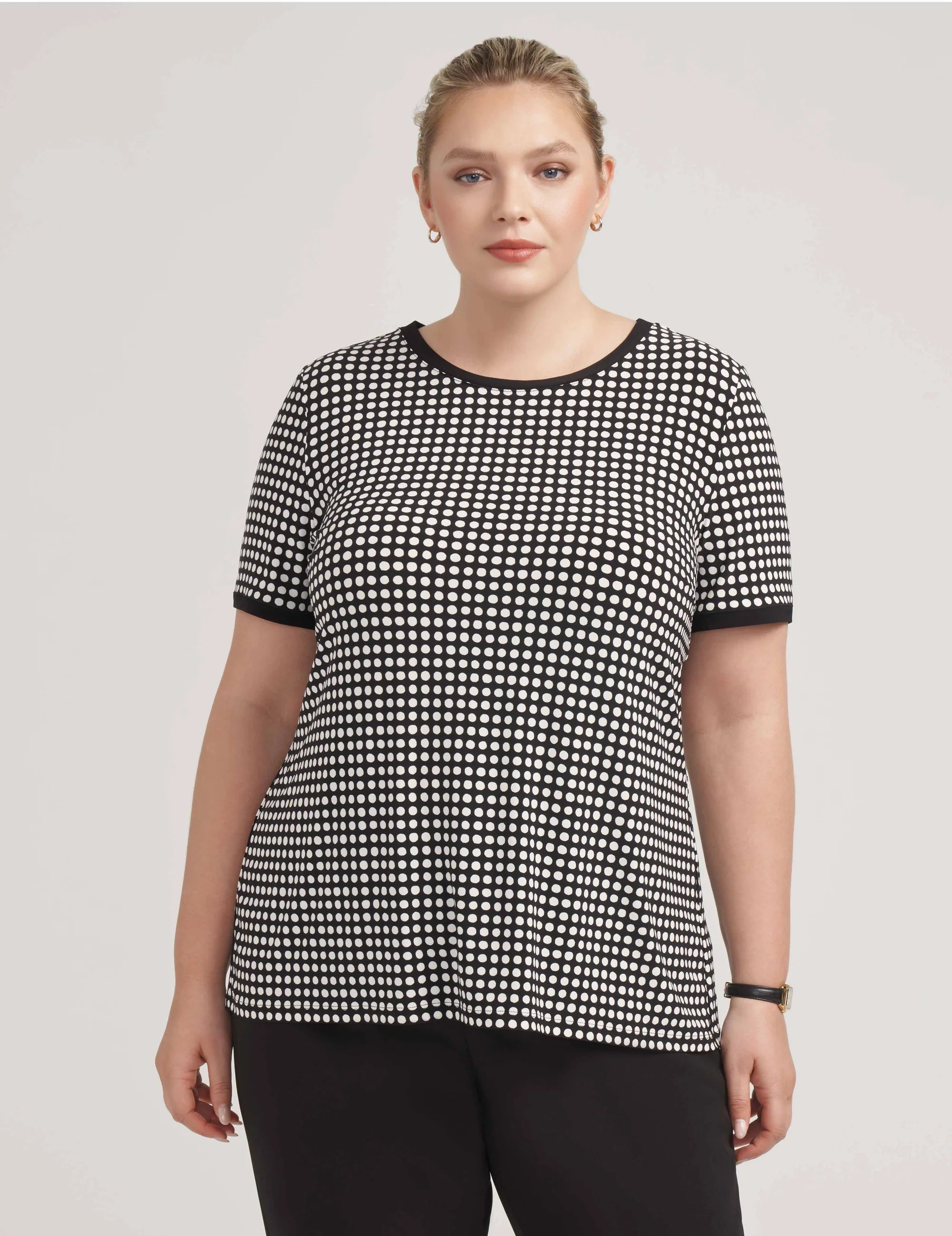  Anne Klein Pearly Dot Print ITY Button Back Top - Anne Black/Anne White - Bonton