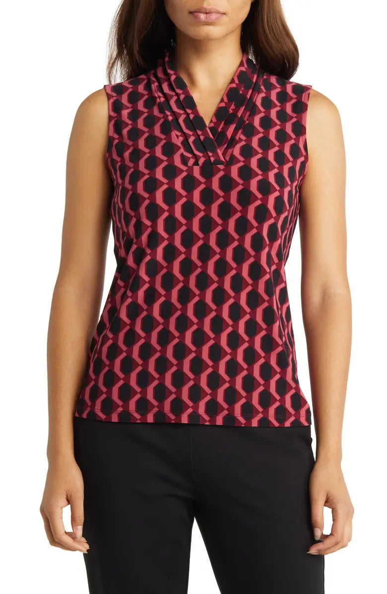  Anne Klein Plus Size Printed ITY Pleat Front Top - Chianti/Autumn Rose Combo - Bonton