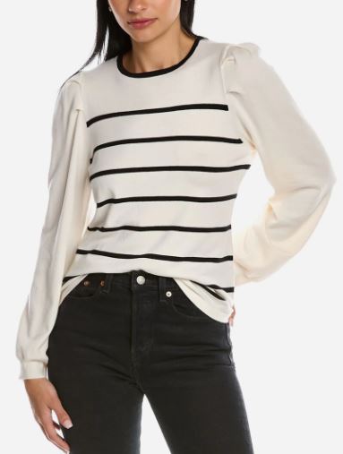  Anne Klein Striped Puff Sleeve Crew Neck - Anne Black/ Anne White - Bonton