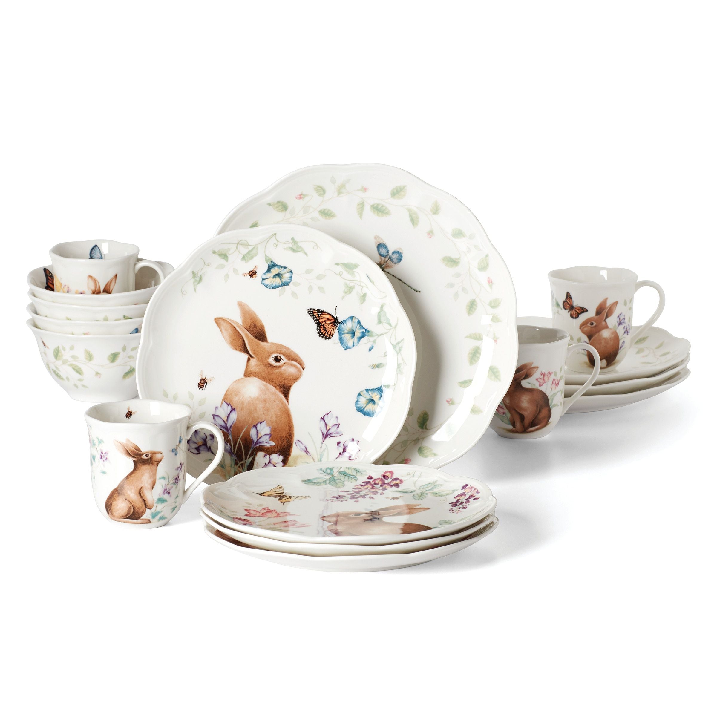  Lenox Butterfly Meadow Bunny 16-Piece Dinnerware Set - White - Bonton