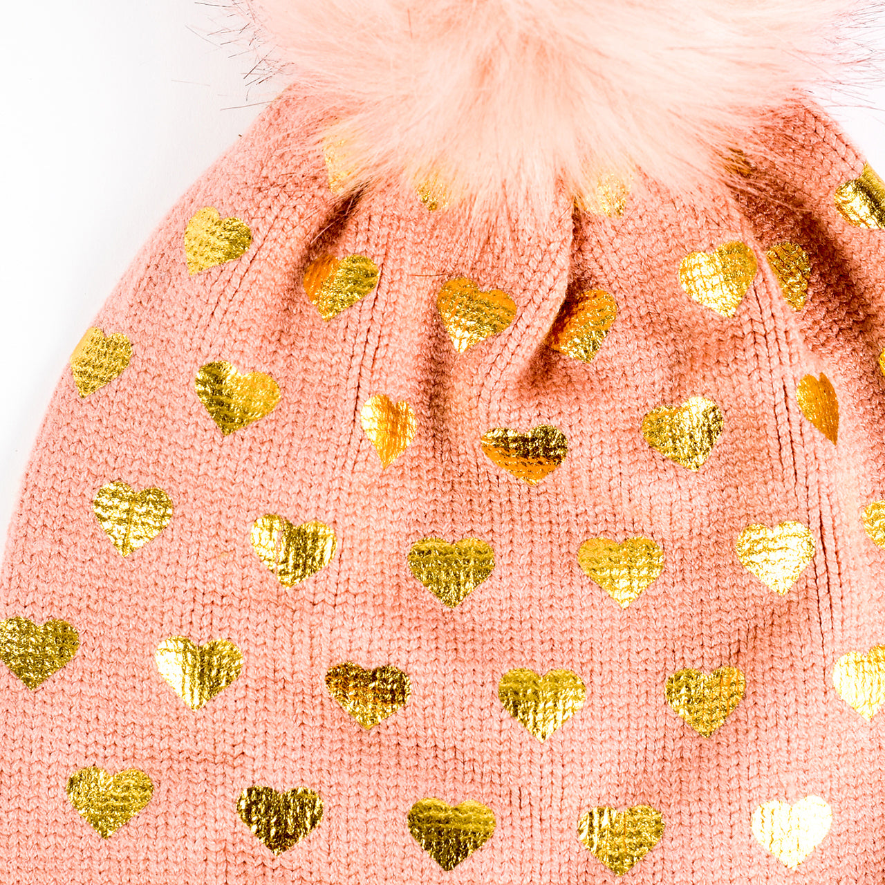  Mini Foil Print Heart Faux Fur Pom Beanie - Blush - Bonton