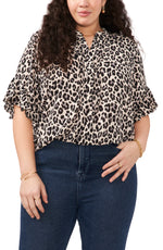 Plus Size Ruffle Sleeves Henley Elegant Leopard Blouse