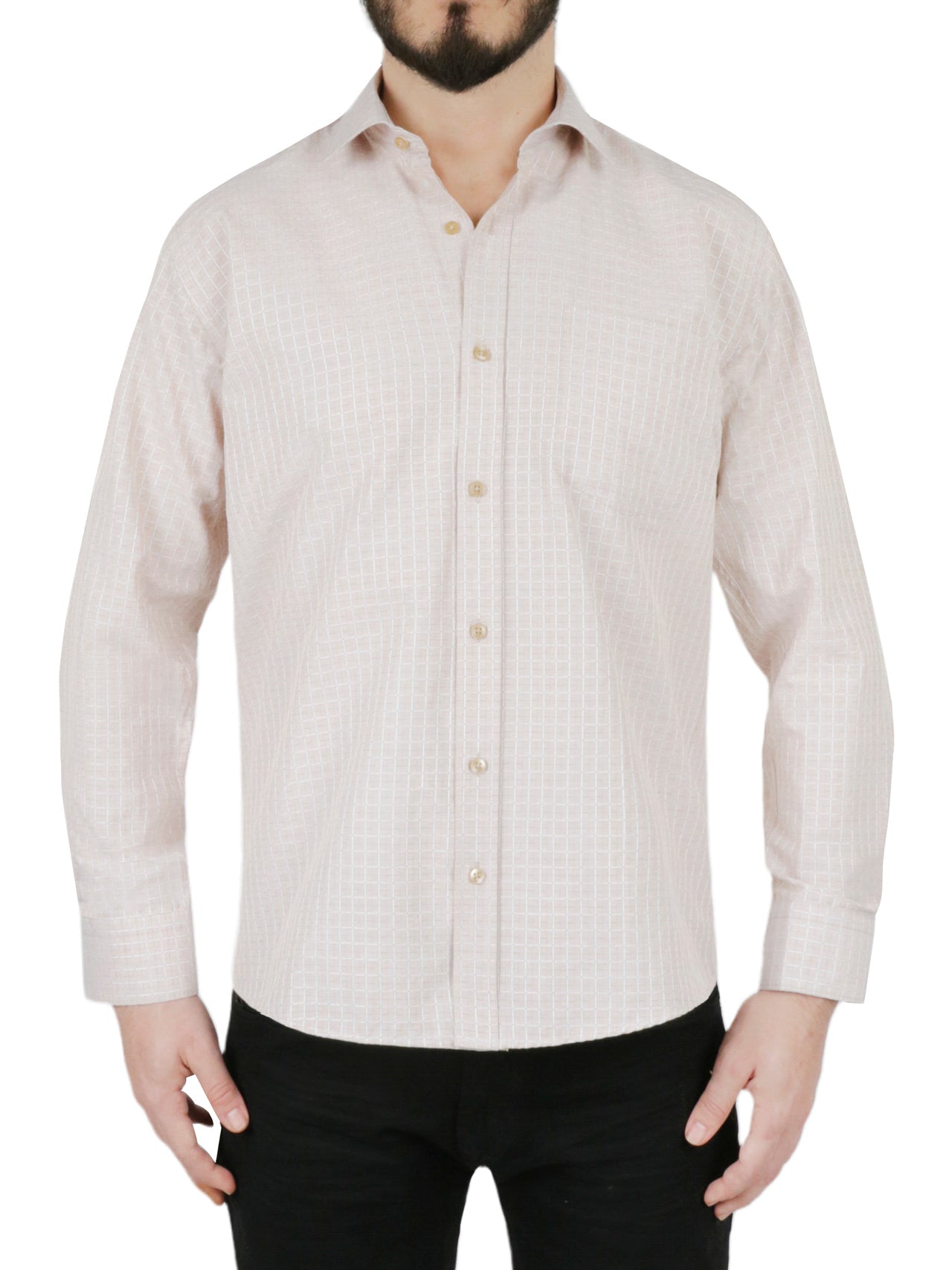  Cream Windowpane Checkered Dress Shirt - Beige - Bonton