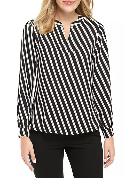  Anne Klein Split Neck Double Bias Stripe Blouse - Plus - Anne Black/Zinc Combo - Bonton