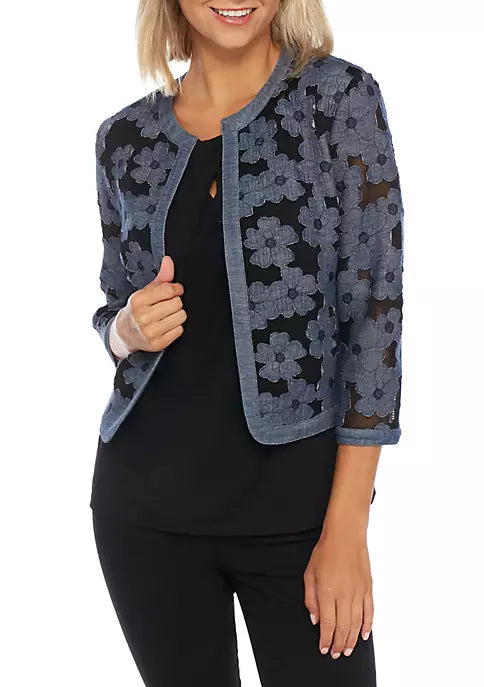  Anne Klein Plus Size Semi-Sheer Cardigan - Black/Chambray - Bonton