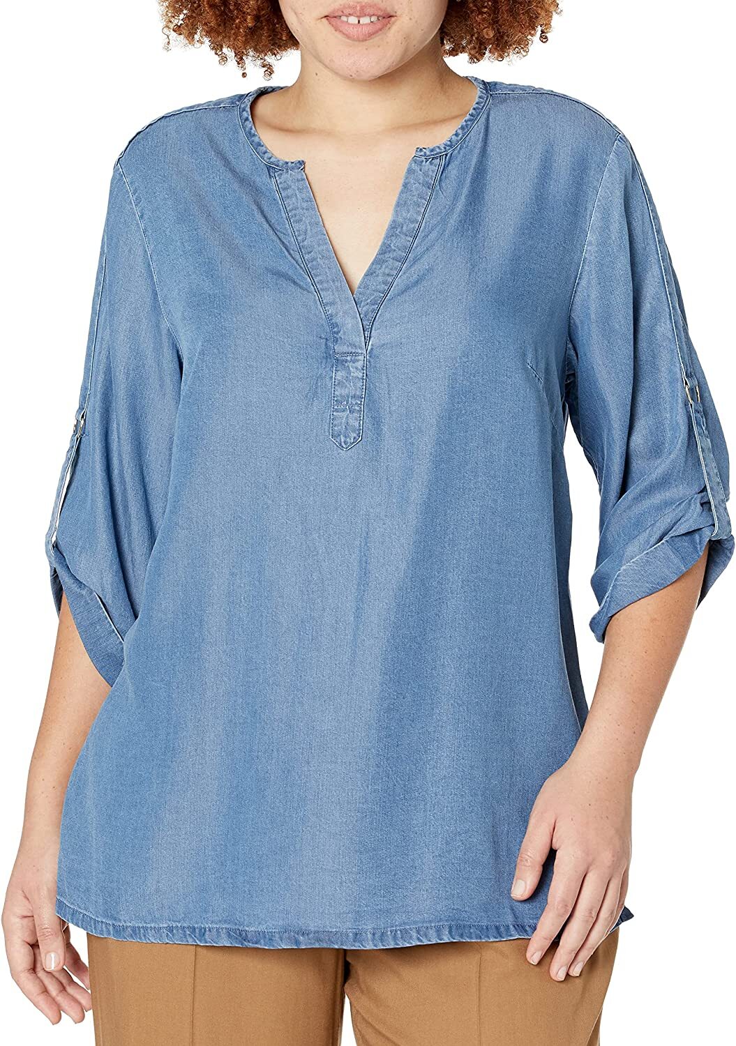  Anne Klein Plus Size Tencel Denim Split Neck Blouse - Medium Wash - Bonton