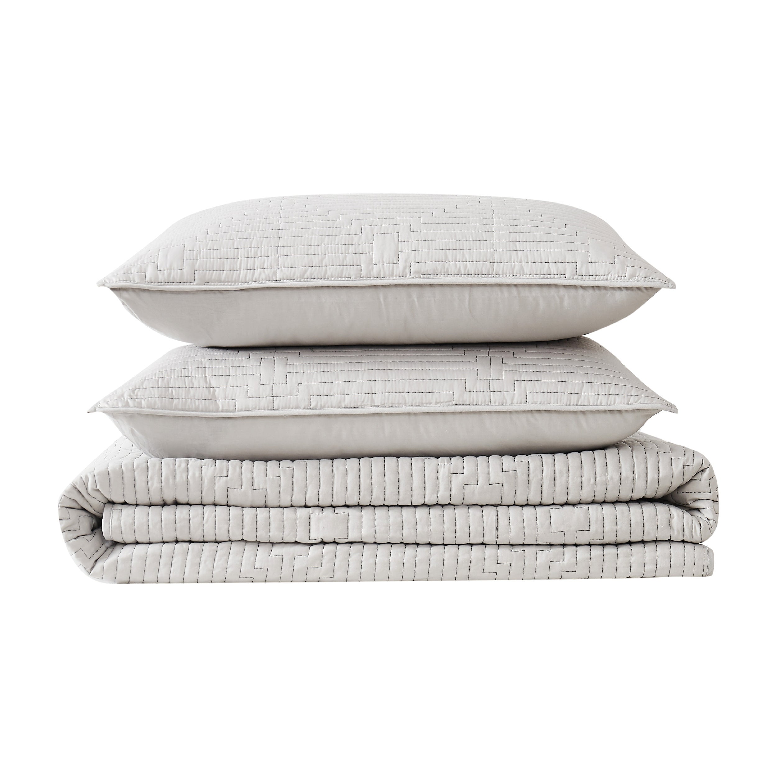  Ray Pick Stitch Embroidered 3 Piece Quilt Set - Grey - Bonton