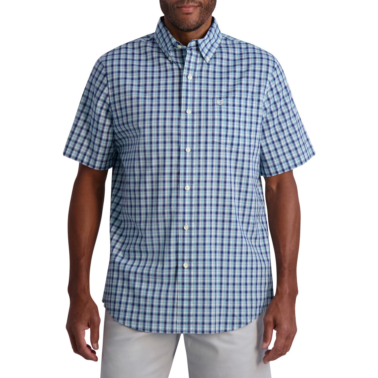  Chaps Chaps Men's Short Sleeve Recycled Poly Stretch Woven Shirt - Coastal Blue - Bonton