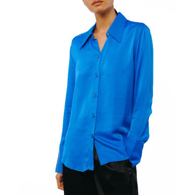  Jacque Collared Button Down Satin Top - Cobalt - Bonton