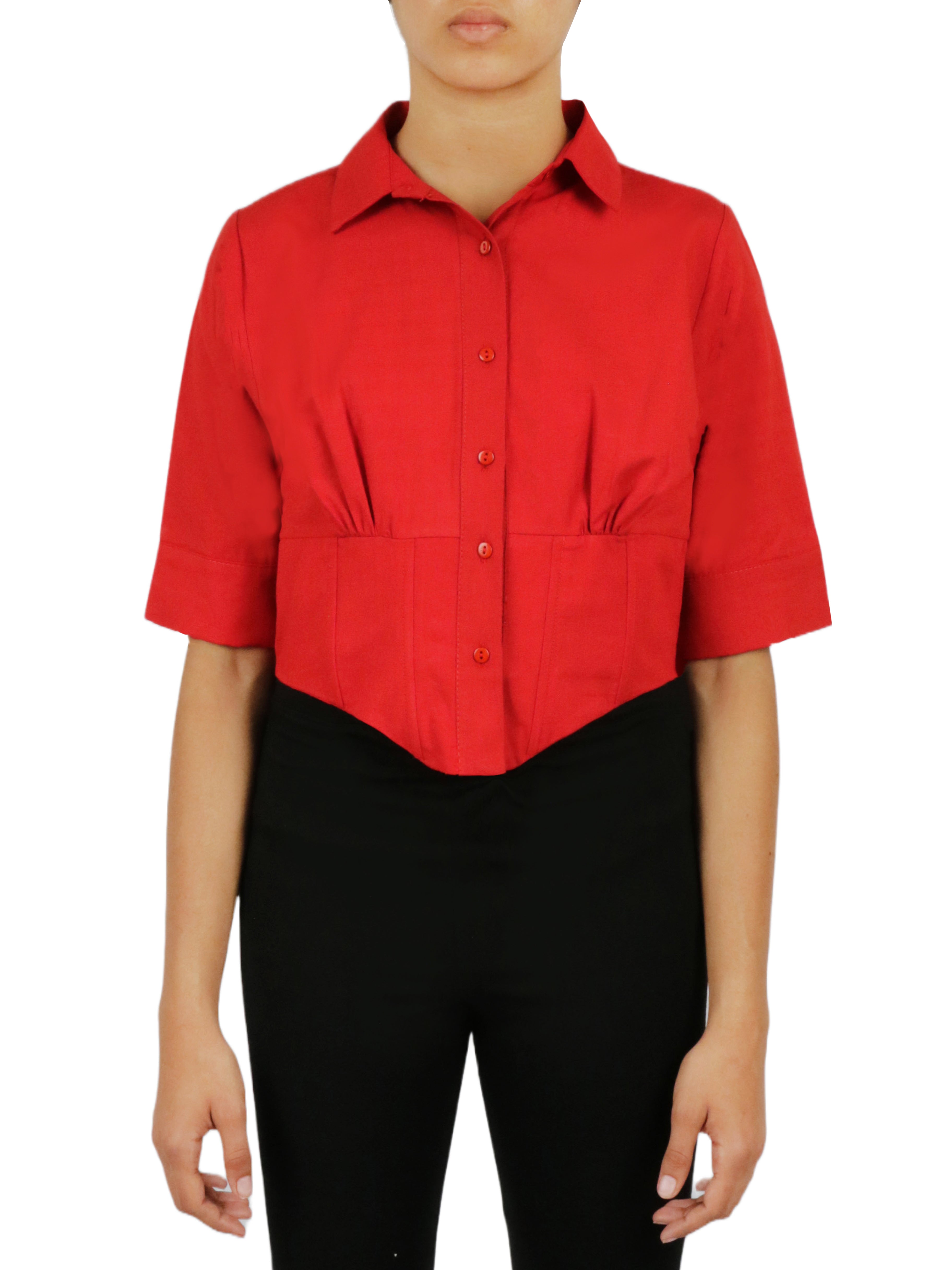  Cropped Corseted Shirt - Red - Bonton