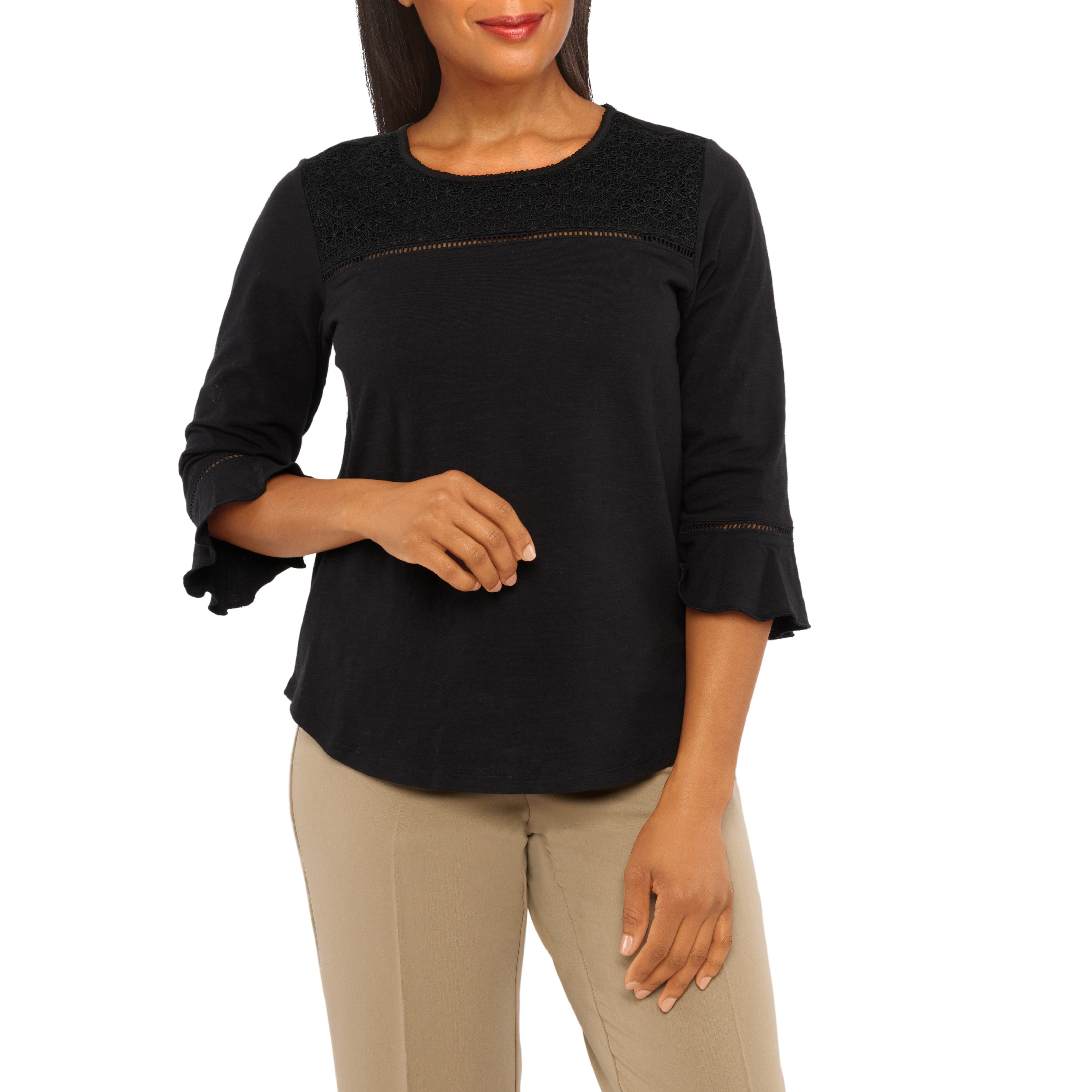  Alfred Dunner Crochet Lace Flutter Sleeve - Black - Bonton