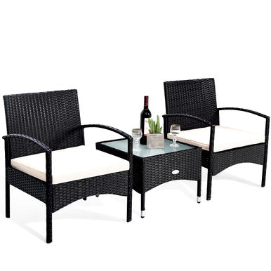  3 Piece Black Wicker Rattan Cushioned Chair Set with Table - Black - Bonton