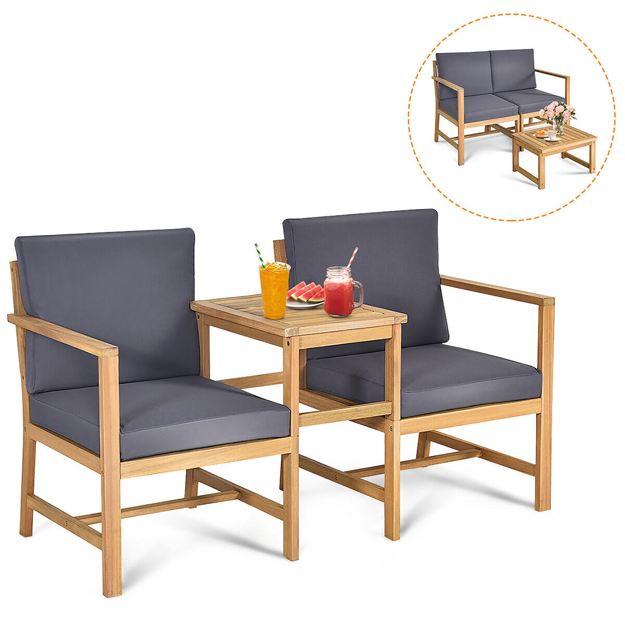  3 in 1 Patio Table Chairs Set Solid Wood Set - Natural Teak - Bonton