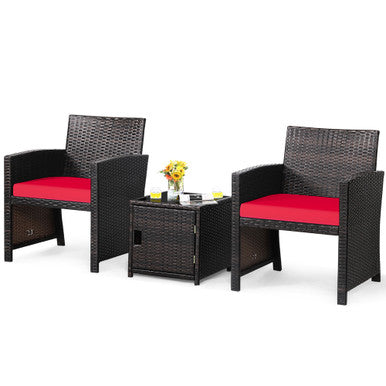  3 Piece Brown Wicker Chair Set with Storage Table - Red - Bonton