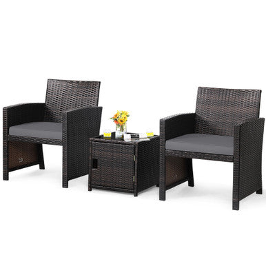  3 Piece Brown Wicker Chair Set with Storage Table - Gray - Bonton