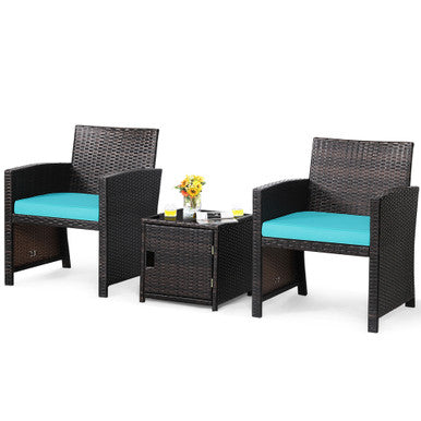  3 Piece Brown Wicker Chair Set with Storage Table - Turquoise - Bonton