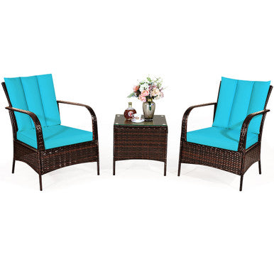  3 Piece Dark Wicker Rattan Chair Set with Cushions and Table - Turquoise - Bonton