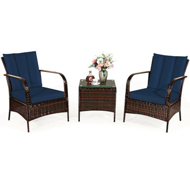  3 Piece Dark Wicker Rattan Chair Set with Cushions and Table - Navy - Bonton