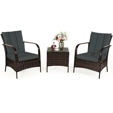  3 Piece Dark Wicker Rattan Chair Set with Cushions and Table - Dark Gray - Bonton