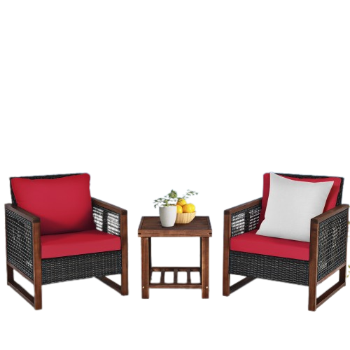  Costway 3 Piece Patio Wicker Solid Wood Furntiure Set - Red - Bonton