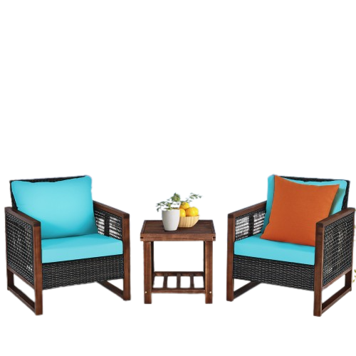  Costway 3 Piece Patio Wicker Solid Wood Furntiure Set - Turquoise - Bonton