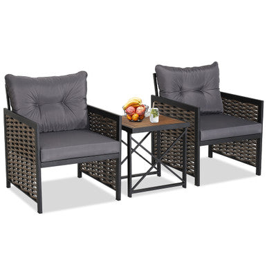  3 Piece Rattan & Acacia Wood Table & Chairs with Incline Backrest - Gray - Bonton