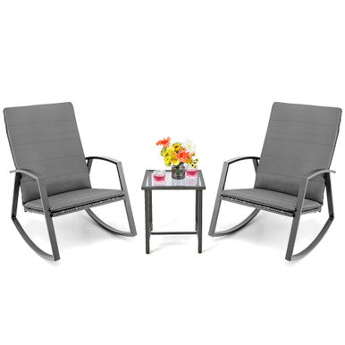  3 Piece Rattan & Metal Rocking Chair with Table Set - Gray - Bonton