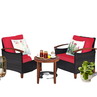  3 Piece Rattan Chair Set with Wooden Frame and Table - Red - Bonton