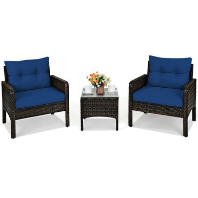  3 Piece Rattan Conversation Set with Table - Navy - Bonton