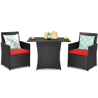  3 Piece Rattan Curved Backrest Dining Set - Red - Bonton