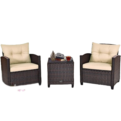  3 Piece Rattan Cushioned Chair Set with Table - Beige - Bonton